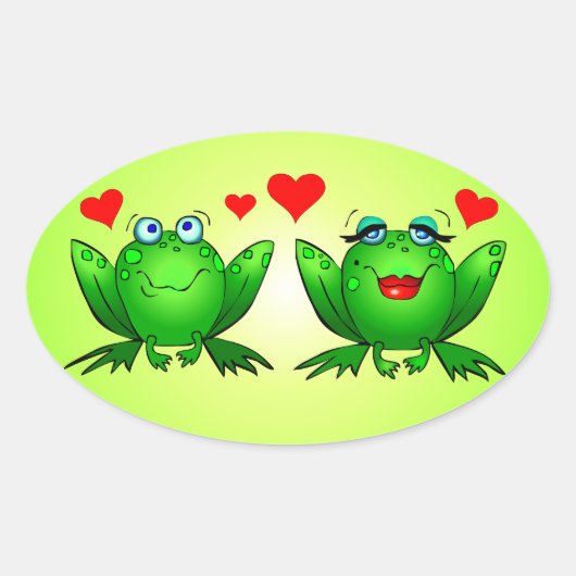 Groene Cartoon Kikkers Cute Red Love Hearts Ovale Sticker (Voorkant)