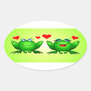Groene Cartoon Kikkers Cute Red Love Hearts Ovale Sticker
