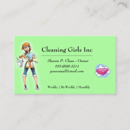 Groene Cartoon Meisje Huis Schoonmaakservice Visitekaartje