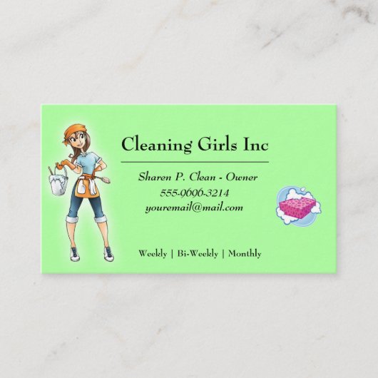 Groene Cartoon Meisje Huis Schoonmaakservice Visitekaartje (Voorkant)