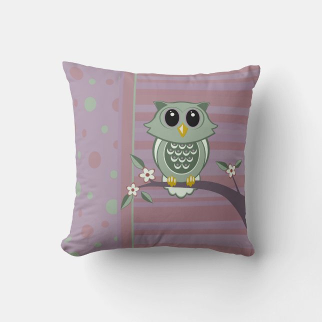 Groene Cartoon Owl, polakdots en stripe Kussen (Voorkant)