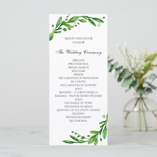 Groene ceremonie programma. Tuin bruiloft. groen Programmakaart (Staand voorkant)