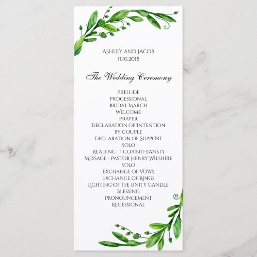 Groene ceremonie programma. Tuin bruiloft. groen Programmakaart (Voorkant)
