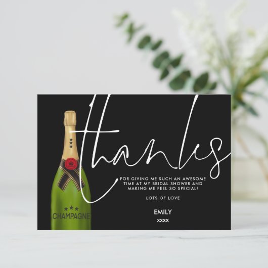 Groene Champagne Flessenscript Zwart Vrijgezellenf Bedankkaart (Staand voorkant)