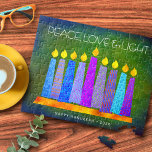 Groene Chanoeka Vrede Liefde Licht Bold Boho Kaars Legpuzzel<br><div class="desc">"Vrede, liefde en licht." Een speelse, moderne, artsachtige illustratie van boho patroonkaarsen in een menorah helpt je om mee te doen in de vakantie van Hanukkah. De gesorteerde blauwe kaarsen met kleurrijke faux patronen van de folie bedekken een rijke, diepe groene getextureerde achtergrond. Voel de warmte en de vreugde van...</div>