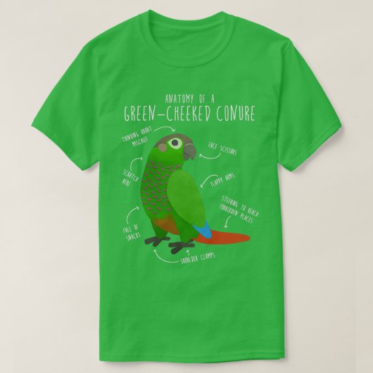 Groene Cheek Conure Anatomie T-shirt (Design voorkant)