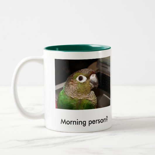 Groene Cheek Conure Morning Person Tweekleurige Koffiemok (Links)