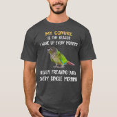 Groene Cheek Conure wakker worden T-shirt (Voorkant)