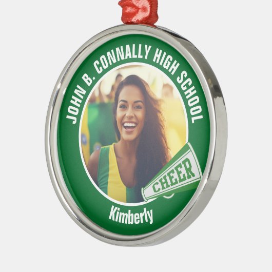 Groene cheerleader foto High School Kerstmis Metalen Ornament (Links)