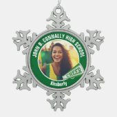 Groene cheerleader foto middelbare school tin sneeuwvlok ornament (Voorkant)