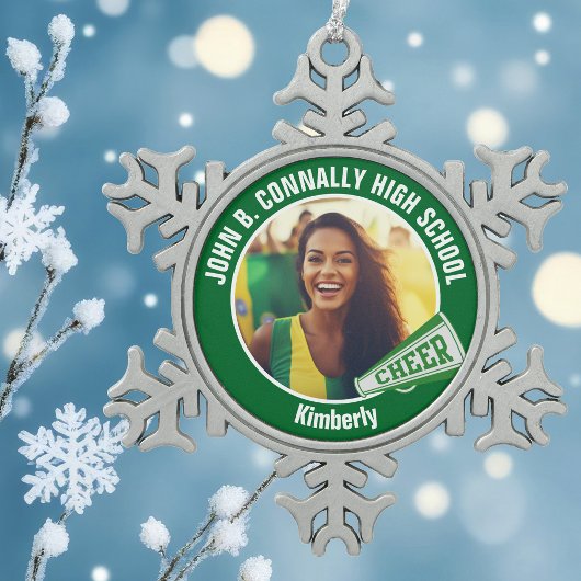 Groene cheerleader foto middelbare school tin sneeuwvlok ornament