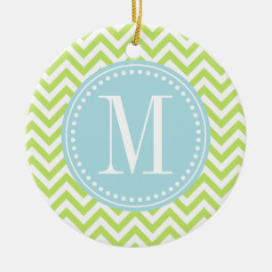 Groene Chevron Zigzag Gepersonaliseerd Monogram Keramisch Ornament