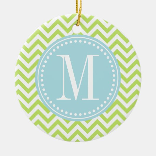 Groene Chevron Zigzag Gepersonaliseerd Monogram Keramisch Ornament (Voorkant)