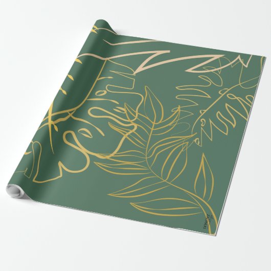 Groene Chic Gold Leaf-achtergrond Cadeaupapier (Uitgerold)