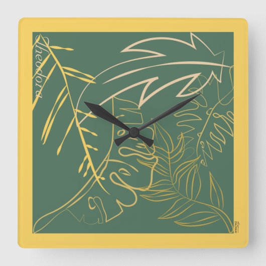 Groene Chic Gold Leaf-achtergrond Vierkante Klok (Voorkant)