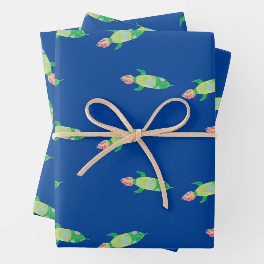 Groene Childish Space Rocket Inpakpapier Vel (In situ)