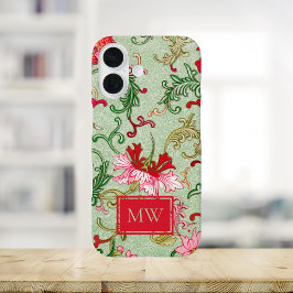 Groene Chinese Bloemenkrans Custom Monogram iPhone 16 Hoesje
