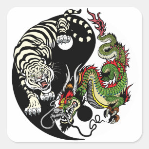 groene Chinese Draak en Witte Tijger YIN YANG Vierkante Sticker