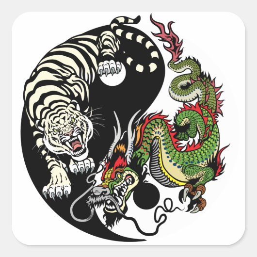 groene Chinese Draak en Witte Tijger YIN YANG Vierkante Sticker (Voorkant)