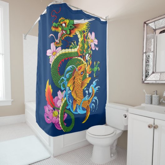 Groene Chinese Draak Koi Douchegordijn (In situ)