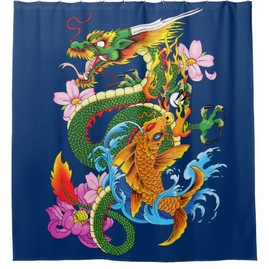 Groene Chinese Draak Koi Douchegordijn (Voorkant)