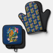 Groene Chinese Draak Koi Ovenwant & Pannenlap Set (Voorkant / Achterkant)