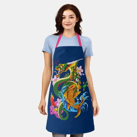 Groene Chinese Draak Koi Schort (Gedragen)