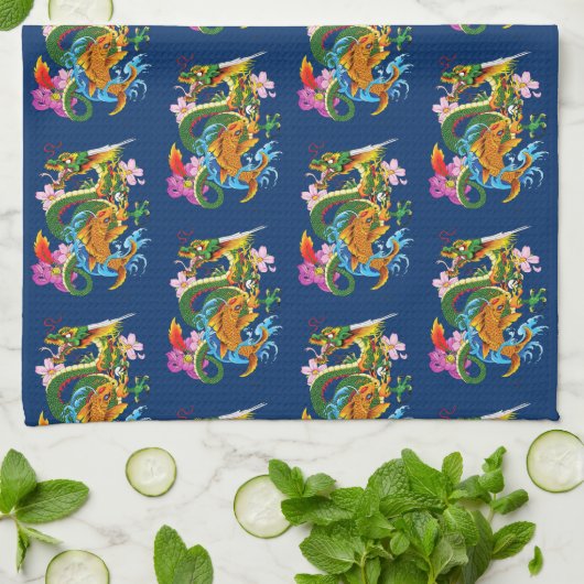 Groene Chinese Draak Koi Theedoek (Gevouwen)