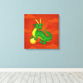 Groene Chinese Draak op Rood Canvas Afdruk (Insitu (Houten vloer))