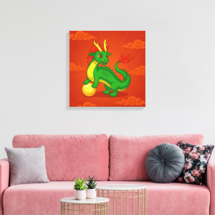 Groene Chinese Draak op Rood Canvas Afdruk