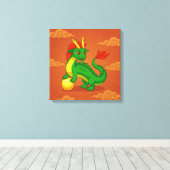 Groene Chinese Draak op Rood Canvas Afdruk (Insitu (Houten vloer))