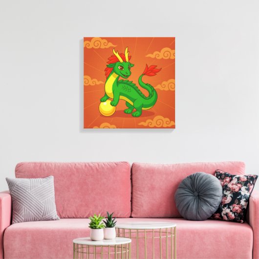 Groene Chinese Draak op Rood Canvas Afdruk (Insitu (Woonkamer))
