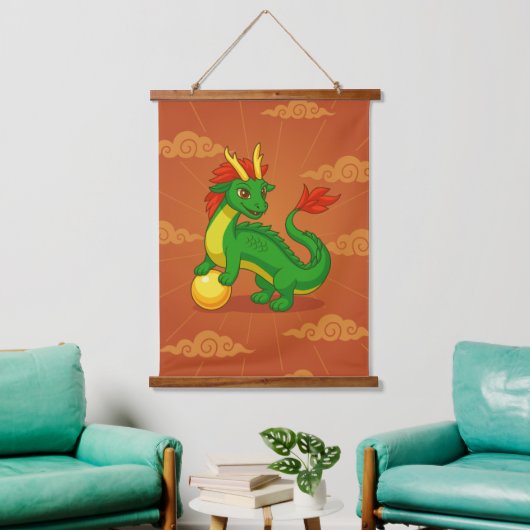 Groene Chinese Draak op Rood Hangend Wandkleed (Woonkamer)