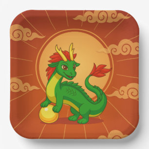 Groene Chinese Draak op Rood Papieren Bordje