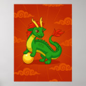 Groene Chinese Draak op Rood Poster (Voorkant)
