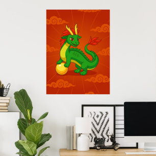 Groene Chinese Draak op Rood Poster