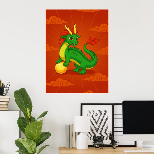 Groene Chinese Draak op Rood Poster (Thuiskantoor)