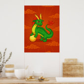 Groene Chinese Draak op Rood Poster (Keuken)