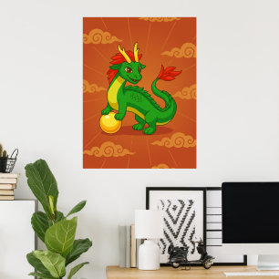 Groene Chinese Draak op Rood Poster