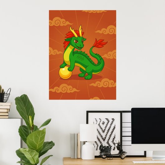 Groene Chinese Draak op Rood Poster (Thuiskantoor)