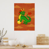 Groene Chinese Draak op Rood Poster (Keuken)