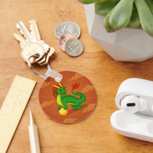 Groene Chinese Draak op Rood Sleutelhanger