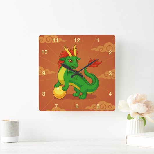 Groene Chinese Draak op Rood Vierkante Klok (Huis)