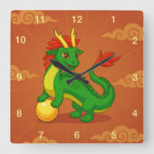 Groene Chinese Draak op Rood Vierkante Klok (Voorkant)