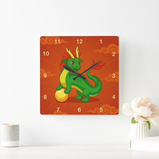 Groene Chinese Draak op Rood Vierkante Klok (Huis)
