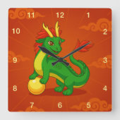 Groene Chinese Draak op Rood Vierkante Klok (Voorkant)