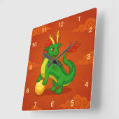 Groene Chinese Draak op Rood Vierkante Klok (Hoek)