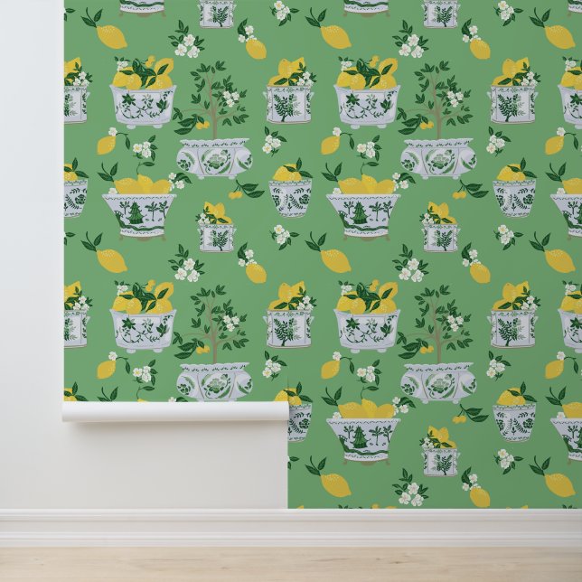 Groene Chinoiserie Ginger Jar Citroenbomen Behang (Applicatie)