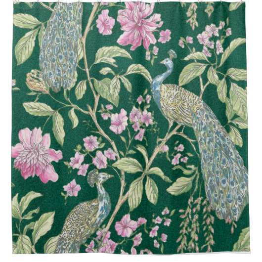 Groene Chinoiserie pauw bloemig Douchegordijn (Voorkant)