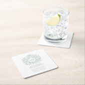 Groene cirkel met bladtekenmonogram bruiloft kartonnen onderzetters (Insitu)